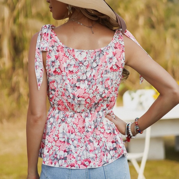 boho floral print pink cami sleeveless blouse - Picture 3 of 4
